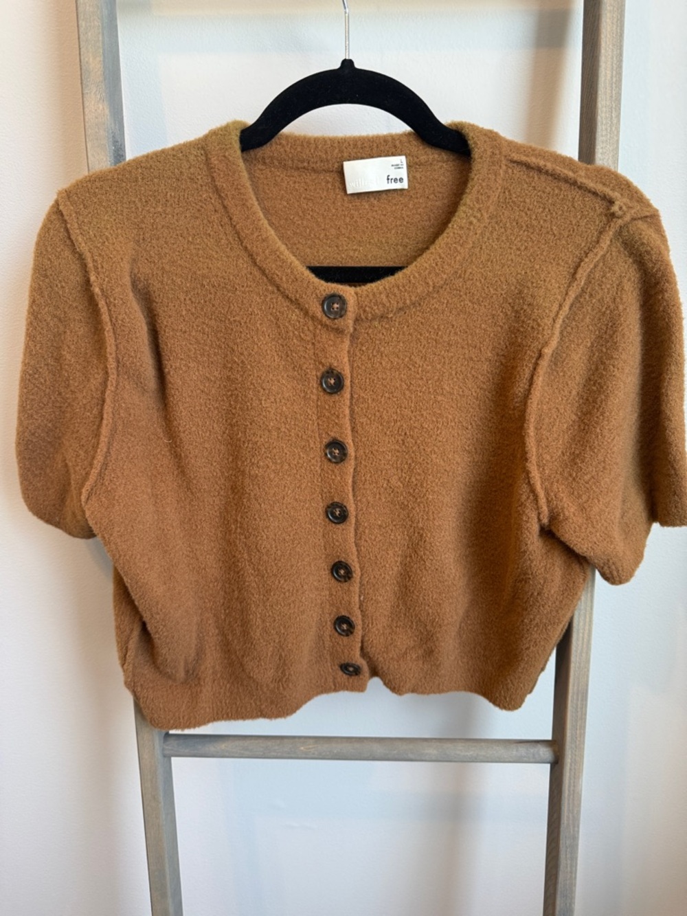 Free People Short-Sleeve Button Front Crop Top Cardigan - Camel Brown
